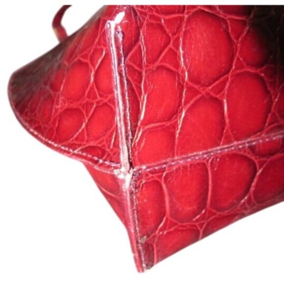 FURLA Vintage Croc Embossed Maroon Red Italian Leather Tote Handbag - Picture 3 of 12